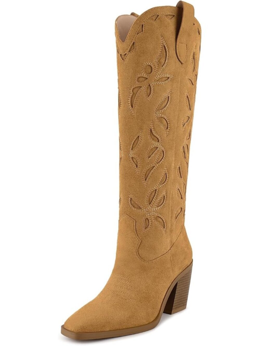 Women's Knee Suede Brown Western Boot with Pull On Tab Chunky Heel Cowgirl Boots